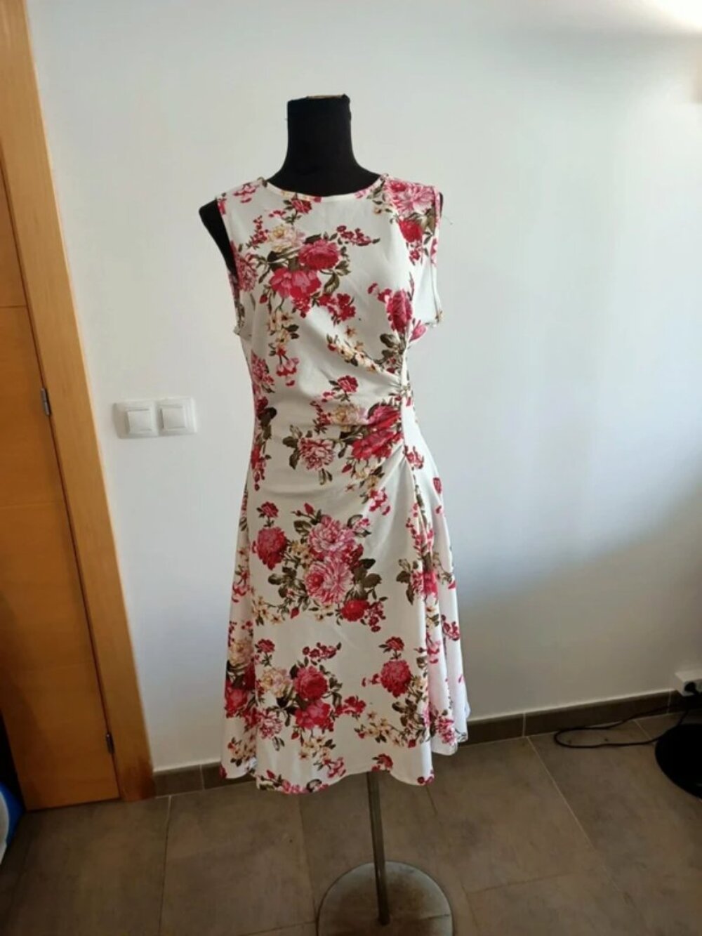 SHEIN Floral Midi Dress, White with Pink Flowers (Size XL)
